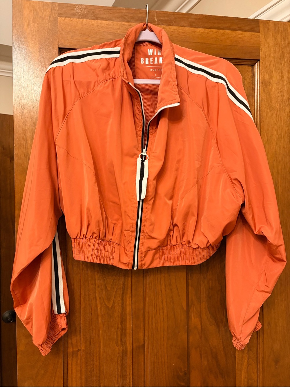 Love Tree Orange Cropped Bomber Jacket with Stripe Trim